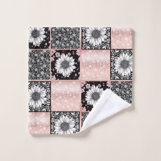 Patchwork-Muster für rosa und schwarze Blume Badhandtuch Set (Waschlappen)