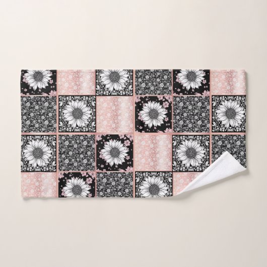Patchwork-Muster für rosa und schwarze Blume Badhandtuch Set (Handtuch)