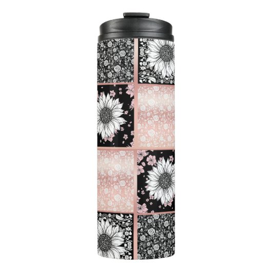 Patchwork-Muster für rosa und schwarze Blume Thermosbecher (Vorderseite)
