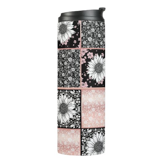 Patchwork-Muster für rosa und schwarze Blume Thermosbecher (Nach links gedreht)