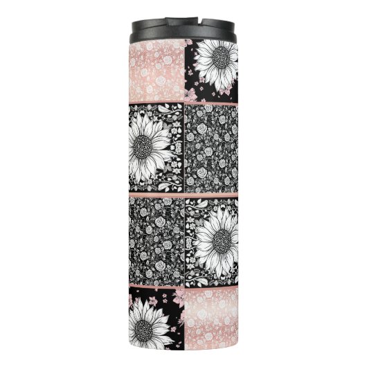 Patchwork-Muster für rosa und schwarze Blume Thermosbecher (Rückseite)