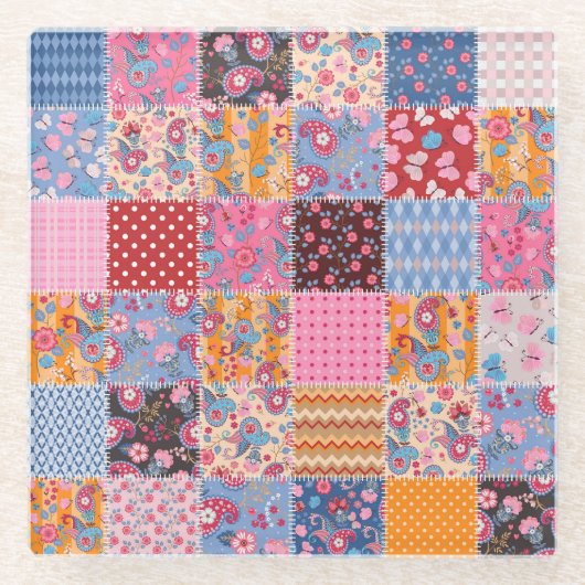 Patchwork nahtlos, niedliches Stoffmuster. Glasuntersetzer (Vorderseite)