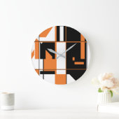Patchwork Orange Schwarz-weiß Geometrie Abstrakt Große Wanduhr (Zuhause)