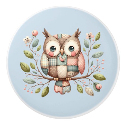 Patchwork Owl in Whimsical Woodland Keramikknauf (Vorderseite)