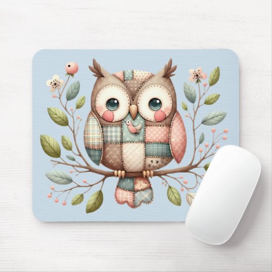 Patchwork Owl in Whimsical Woodland Mousepad (Mit Mouse)