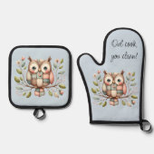 Patchwork Owl in Whimsical Woodland Ofenhandschuh & Topflappen-Set (Vorderseite)