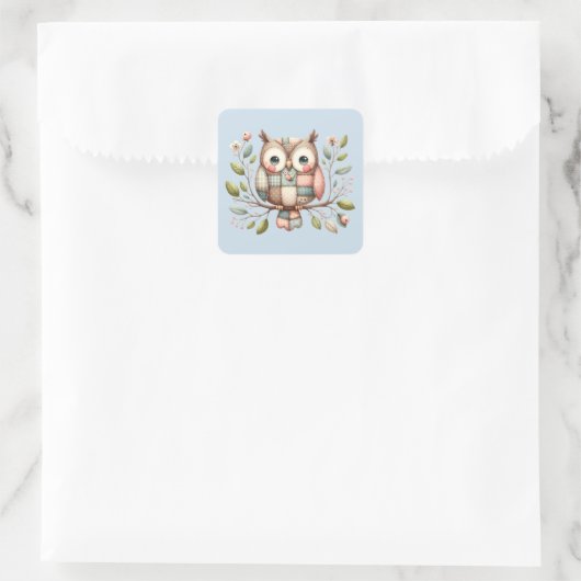 Patchwork Owl in Whimsical Woodland Quadratischer Aufkleber (Tasche)