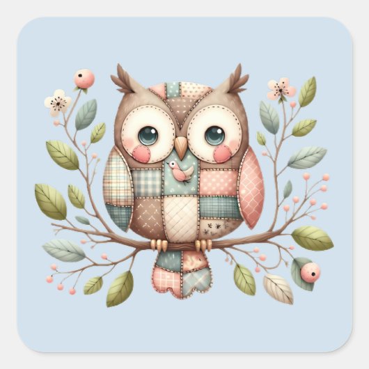Patchwork Owl in Whimsical Woodland Quadratischer Aufkleber (Vorderseite)