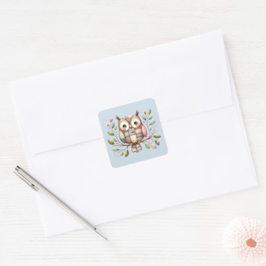 Patchwork Owl in Whimsical Woodland Quadratischer Aufkleber (Umschlag)