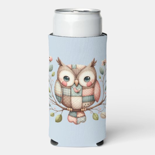 Patchwork Owl in Whimsical Woodland Selters Dosenkühler (Seltzer Vorderseite)