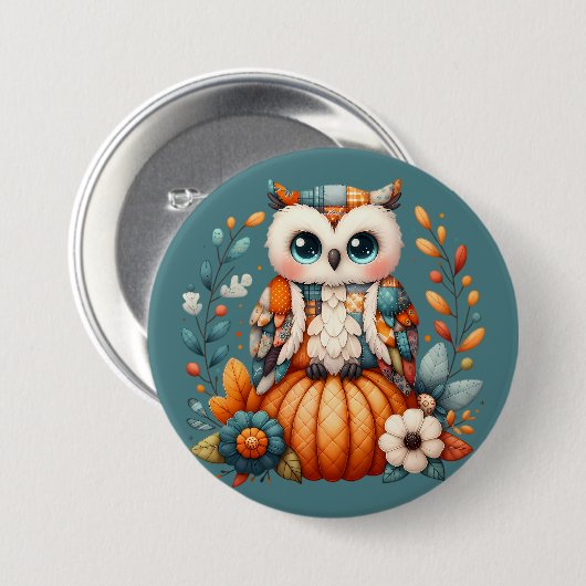 Patchwork Owl on Pumpkin - Cottcore Fall Button (Vorne & Hinten)