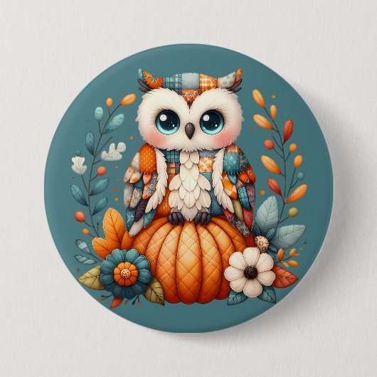 Patchwork Owl on Pumpkin - Cottcore Fall Button (Vorderseite)