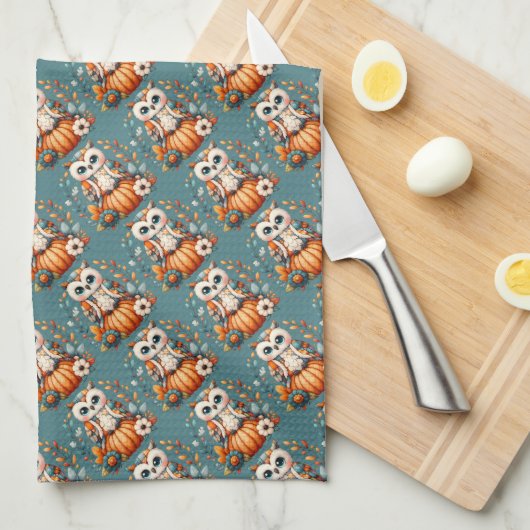 Patchwork Owl on Pumpkin - Cottcore Fall Geschirrtuch (Viertel Falte)