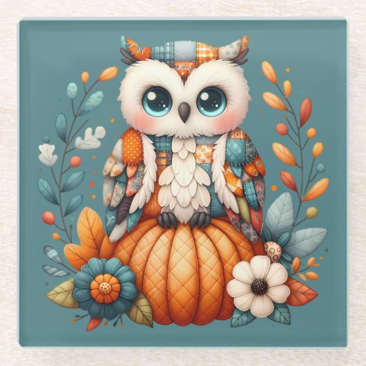 Patchwork Owl on Pumpkin - Cottcore Fall Glasuntersetzer (Vorderseite)