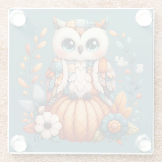 Patchwork Owl on Pumpkin - Cottcore Fall Glasuntersetzer (Rückseite)