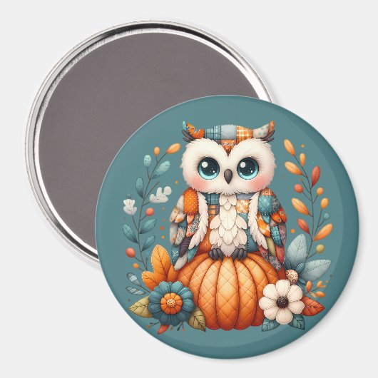 Patchwork Owl on Pumpkin - Cottcore Fall Magnet (Vorderseite/Rückseite)