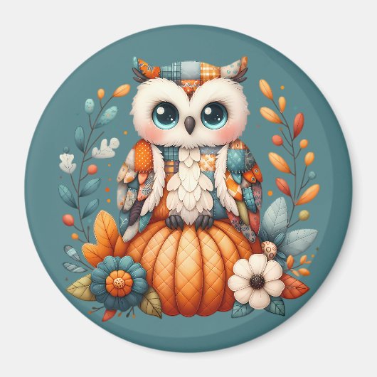 Patchwork Owl on Pumpkin - Cottcore Fall Magnet (Vorne)