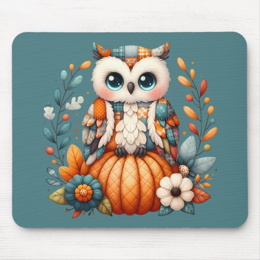Patchwork Owl on Pumpkin - Cottcore Fall Mousepad (Vorne)
