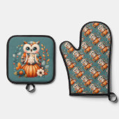 Patchwork Owl on Pumpkin - Cottcore Fall Ofenhandschuh & Topflappen-Set (Vorderseite)