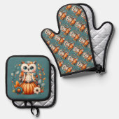 Patchwork Owl on Pumpkin - Cottcore Fall Ofenhandschuh & Topflappen-Set (Vorderseite/Rückseite)