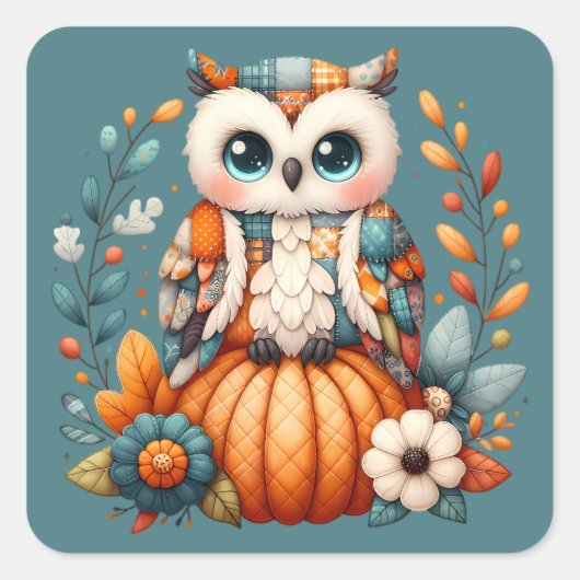 Patchwork Owl on Pumpkin - Cottcore Fall Quadratischer Aufkleber (Vorderseite)