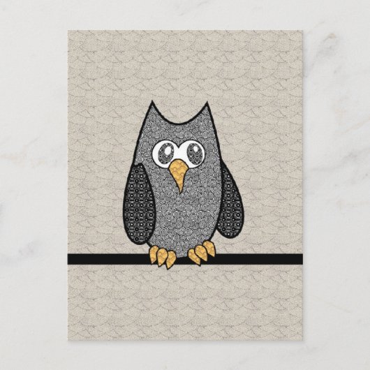 Patchwork Owl, Schwarz und Weiß mit Tan Hintergrun Postkarte (Vorderseite)