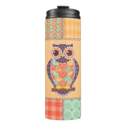 Patchwork Owl Vintages Nahtloses Muster Thermosbecher (Vorderseite)