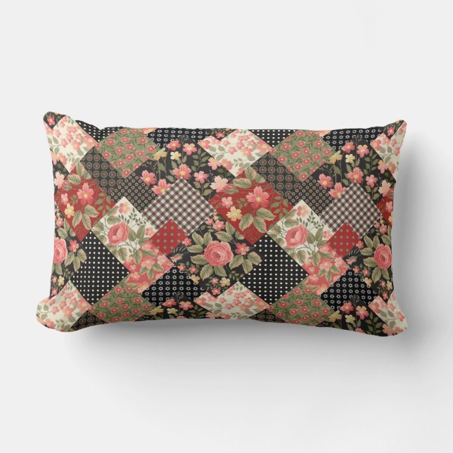 Patchwork Pattern Blume Polka Dot Geometric Plai Lendenkissen (Vorderseite)