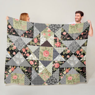 Patchwork Pattern Butterfets Blume Foliage Rose Fleecedecke