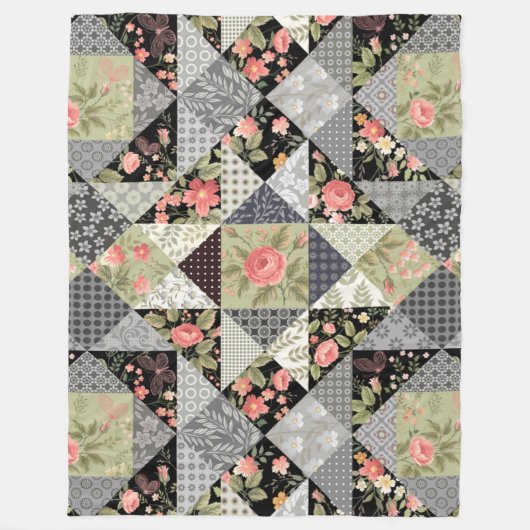 Patchwork Pattern Butterfets Blume Foliage Rose Fleecedecke (Vorderseite)