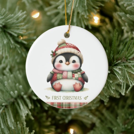 Patchwork Penguin First Christmas Keepsake Photo Keramik Ornament (Baum)