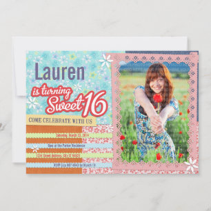 Patchwork & Pink Lace Sweet 16 Foto Einladung