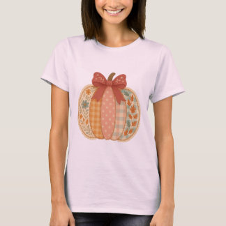 Patchwork Pumpkin with Bow - Cosy Autumn Gingham T-Shirt