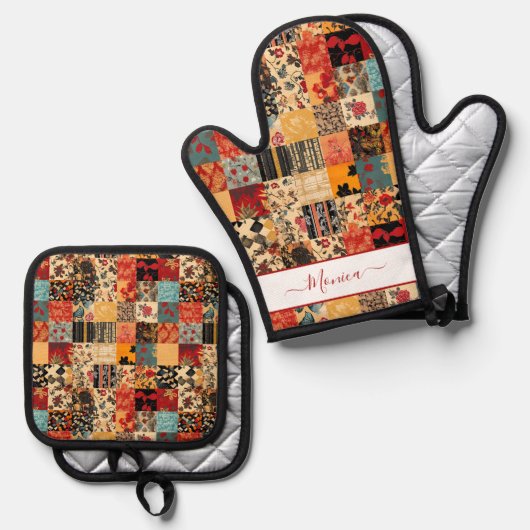 Patchwork-Quilt-Effekt Ofenhandschuh & Topflappen-Set (Vorderseite/Rückseite)