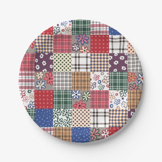 Patchwork-Quilt Mehrfarbig Gingham Pappteller (Vorderseite)