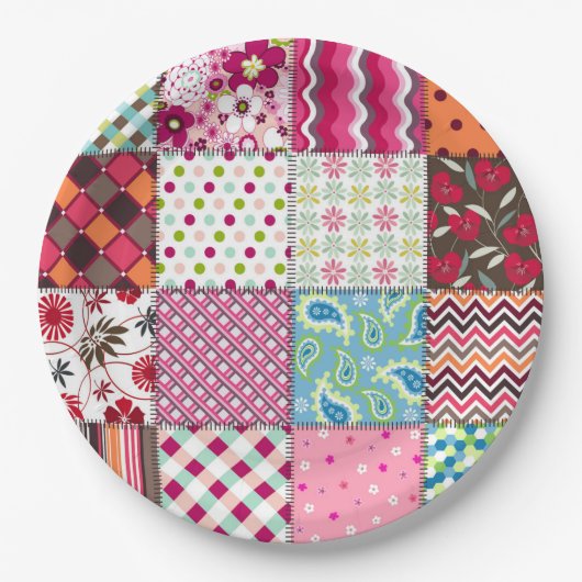 Patchwork-Quilt Mehrfarbig Gingham Pappteller (Vorderseite)