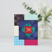 Patchwork Quilt Monogram Postkarte (Stehend Vorderseite)
