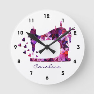 Patchwork Quilt Purple Sewing Machine Wallclock Runde Wanduhr