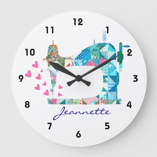 Patchwork Quilt Sewing Machine Wall Clock Große Wanduhr (Vorderseite)
