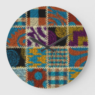 Patchwork-Raues-Leinwand-Nahtloses-Muster Große Wanduhr