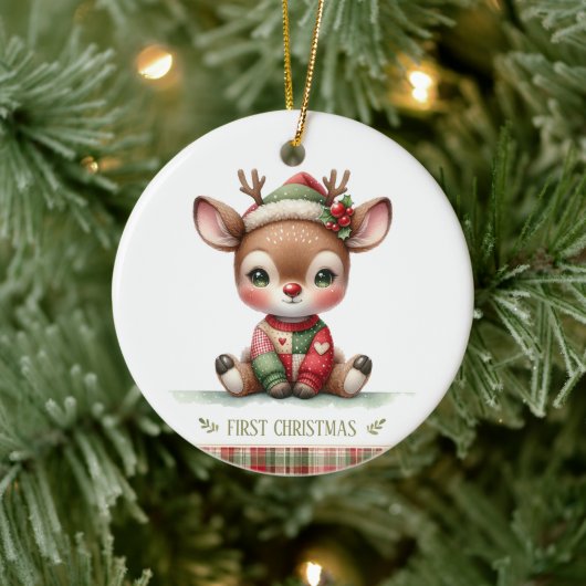 Patchwork Reindeer First Christmas Keepsake Photo Keramik Ornament (Baum)