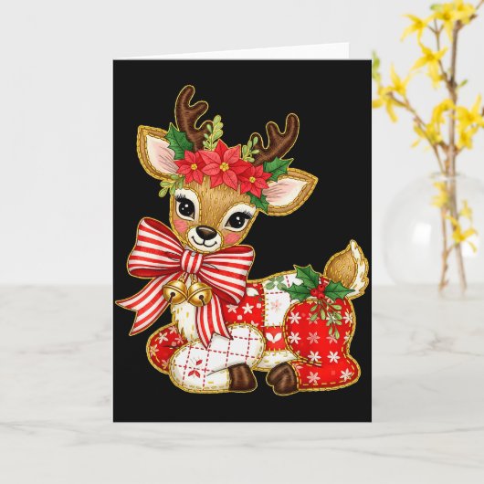 Patchwork Reindeer Preppy Girly Christmas Xmas Hol Karte (Gelbe Blume)