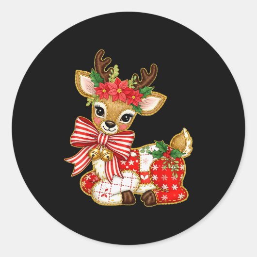 Patchwork Reindeer Preppy Girly Christmas Xmas Hol Runder Aufkleber (Vorderseite)