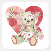 Patchwork Rose Bär mit Herz Quadratischer Aufkleber (Vorderseite)