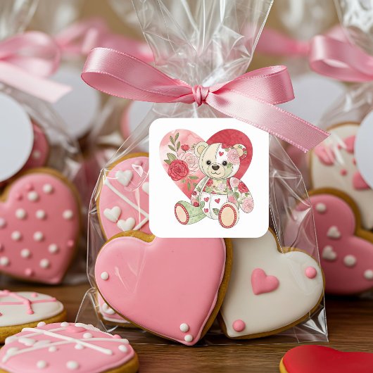 Patchwork Rose Bär mit Herz Quadratischer Aufkleber