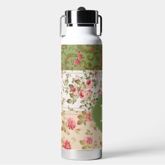 Patchwork Rose Custom Monogram Trinkflasche (Vorderseite)