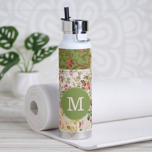 Patchwork-Rose mit individuellem Monogramm Trinkflasche (Yoga)