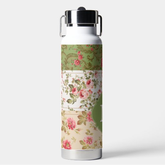 Patchwork-Rose mit individuellem Monogramm Trinkflasche (Vorderseite)