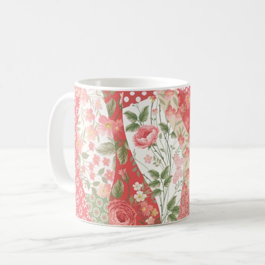 Patchwork-Rose: nahtloses Musterdesign. Kaffeetasse (Vorderseite Links)