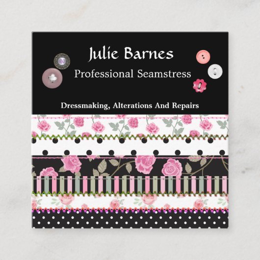 Patchwork-Rose Streifen Polka Dots Seamstress Squa Quadratische Visitenkarte (Vorderseite)